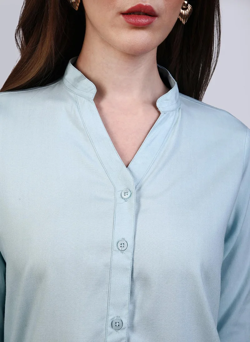 Urbano Fashion  Urbano Fashion Women's Light Sky Blue Modal Viscose Full Sleeve Regular Fit Casual Solid Shirt with Mandarin Collar for Women | Best Price UAE